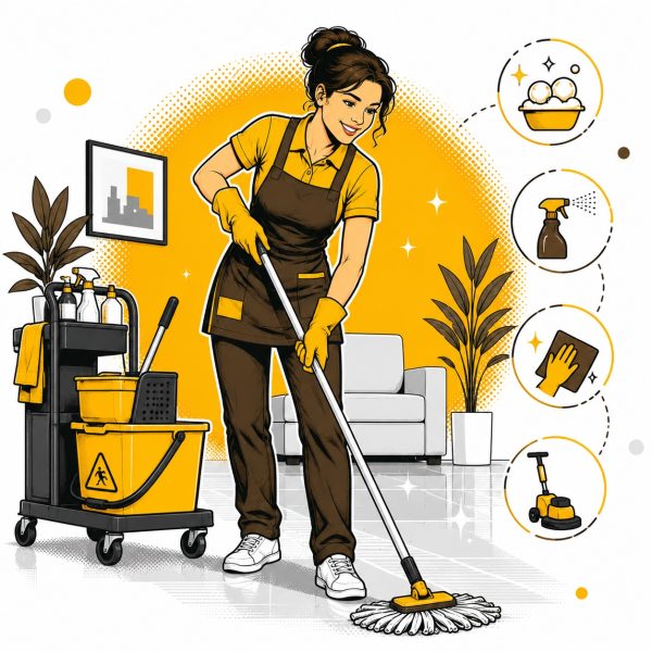 una ragazza pulisce il pavimento