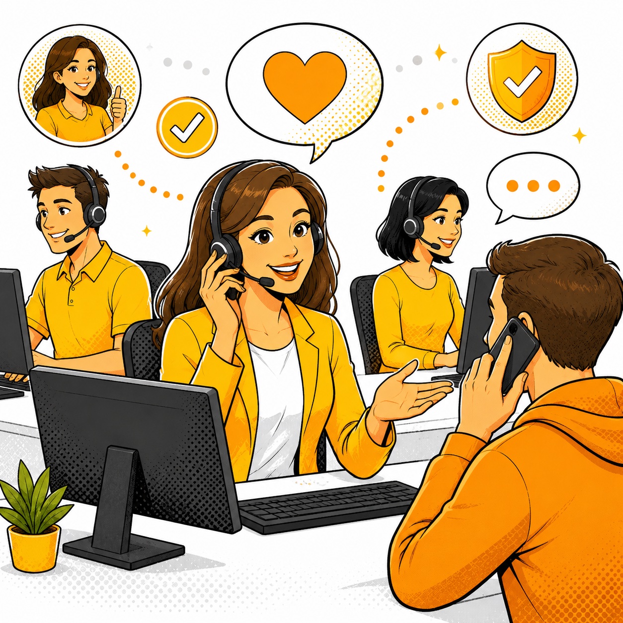 persone che rendono felici i clienti al telefono
