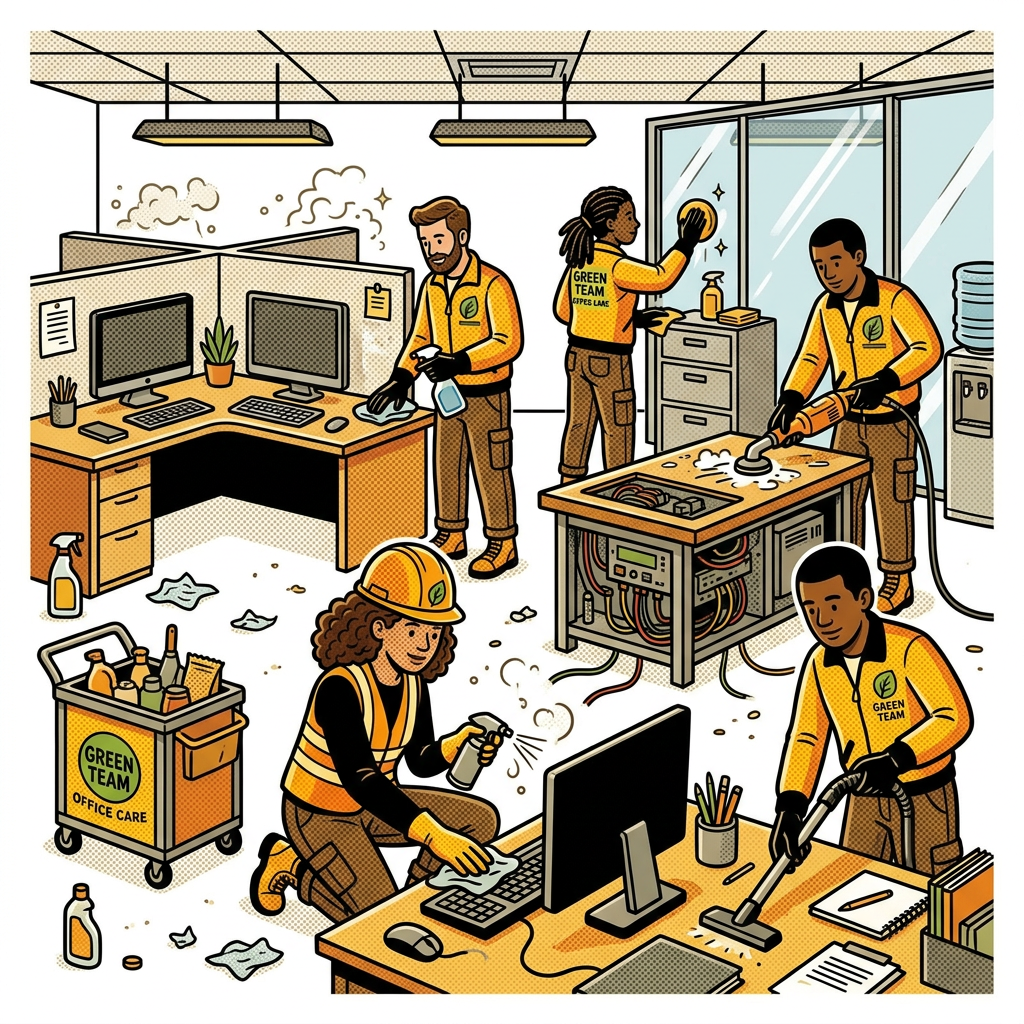 persone che puliscono un open space dentro un ufficio
