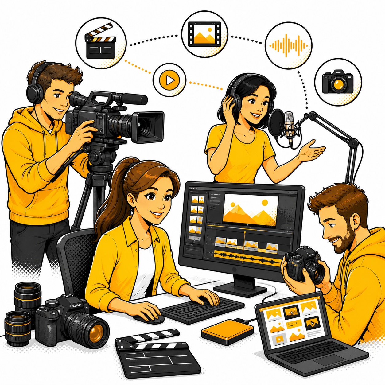 persone che seguono tutte le fasi della produzione multimediale